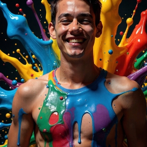 Paint Splat Fun - AI Photos of Hot men having fun with body paint. AI-generated abstract art featuring beautiful, handsome, sexy, shirtless, men, boys, lads, full of excitement joy and fun, covered in body paint, dynamic, interactive, Combining elements of realism with surreal abstract qualities, showcasing the potential of AI, in artistic expression. Photos of guys, just smiling, happy, and having a good time. Most of them are smiling because a paint bomb just blow up next to them, so I'm calling is Abstract Art. When paint attacks and makes people happy, it's Art!