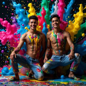 Paint Splat Fun - AI Photos of Hot men having fun with body paint. AI-generated abstract art featuring beautiful, handsome, sexy, shirtless, men, boys, lads, full of excitement joy and fun, covered in body paint, dynamic, interactive, Combining elements of realism with surreal abstract qualities, showcasing the potential of AI, in artistic expression. Photos of guys, just smiling, happy, and having a good time. Most of them are smiling because a paint bomb just blow up next to them, so I'm calling is Abstract Art. When paint attacks and makes people happy, it's Art!