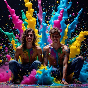 Paint Splat Fun - AI Photos of Hot men having fun with body paint. AI-generated abstract art featuring beautiful, handsome, sexy, shirtless, men, boys, lads, full of excitement joy and fun, covered in body paint, dynamic, interactive, Combining elements of realism with surreal abstract qualities, showcasing the potential of AI, in artistic expression. Photos of guys, just smiling, happy, and having a good time. Most of them are smiling because a paint bomb just blow up next to them, so I'm calling is Abstract Art. When paint attacks and makes people happy, it's Art!