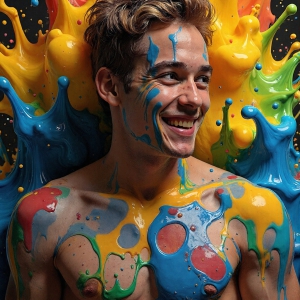 Paint Splat Fun - AI Photos of Hot men having fun with body paint. AI-generated abstract art featuring beautiful, handsome, sexy, shirtless, men, boys, lads, full of excitement joy and fun, covered in body paint, dynamic, interactive, Combining elements of realism with surreal abstract qualities, showcasing the potential of AI, in artistic expression. Photos of guys, just smiling, happy, and having a good time. Most of them are smiling because a paint bomb just blow up next to them, so I'm calling is Abstract Art. When paint attacks and makes people happy, it's Art!