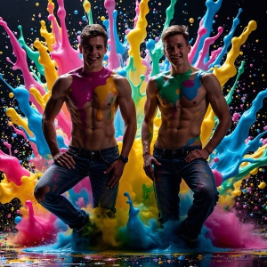 Paint Splat Fun - AI Photos of Hot men having fun with body paint. AI-generated abstract art featuring beautiful, handsome, sexy, shirtless, men, boys, lads, full of excitement joy and fun, covered in body paint, dynamic, interactive, Combining elements of realism with surreal abstract qualities, showcasing the potential of AI, in artistic expression. Photos of guys, just smiling, happy, and having a good time. Most of them are smiling because a paint bomb just blow up next to them, so I'm calling is Abstract Art. When paint attacks and makes people happy, it's Art!