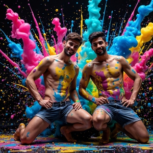 Paint Splat Fun - AI Photos of Hot men having fun with body paint. AI-generated abstract art featuring beautiful, handsome, sexy, shirtless, men, boys, lads, full of excitement joy and fun, covered in body paint, dynamic, interactive, Combining elements of realism with surreal abstract qualities, showcasing the potential of AI, in artistic expression. Photos of guys, just smiling, happy, and having a good time. Most of them are smiling because a paint bomb just blow up next to them, so I'm calling is Abstract Art. When paint attacks and makes people happy, it's Art!