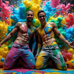 Paint Splat Fun - AI Photos of Hot men having fun with body paint. AI-generated abstract art featuring beautiful, handsome, sexy, shirtless, men, boys, lads, full of excitement joy and fun, covered in body paint, dynamic, interactive, Combining elements of realism with surreal abstract qualities, showcasing the potential of AI, in artistic expression. Photos of guys, just smiling, happy, and having a good time. Most of them are smiling because a paint bomb just blow up next to them, so I'm calling is Abstract Art. When paint attacks and makes people happy, it's Art!