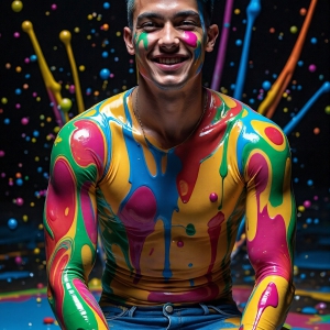 Paint Splat Fun - AI Photos of Hot men having fun with body paint. AI-generated abstract art featuring beautiful, handsome, sexy, shirtless, men, boys, lads, full of excitement joy and fun, covered in body paint, dynamic, interactive, Combining elements of realism with surreal abstract qualities, showcasing the potential of AI, in artistic expression. Photos of guys, just smiling, happy, and having a good time. Most of them are smiling because a paint bomb just blow up next to them, so I'm calling is Abstract Art. When paint attacks and makes people happy, it's Art!