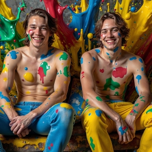 Paint Splat Fun - AI Photos of Hot men having fun with body paint. AI-generated abstract art featuring beautiful, handsome, sexy, shirtless, men, boys, lads, full of excitement joy and fun, covered in body paint, dynamic, interactive, Combining elements of realism with surreal abstract qualities, showcasing the potential of AI, in artistic expression. Photos of guys, just smiling, happy, and having a good time. Most of them are smiling because a paint bomb just blow up next to them, so I'm calling is Abstract Art. When paint attacks and makes people happy, it's Art!