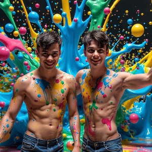 Paint Splat Fun - AI Photos of Hot men having fun with body paint. AI-generated abstract art featuring beautiful, handsome, sexy, shirtless, men, boys, lads, full of excitement joy and fun, covered in body paint, dynamic, interactive, Combining elements of realism with surreal abstract qualities, showcasing the potential of AI, in artistic expression. Photos of guys, just smiling, happy, and having a good time. Most of them are smiling because a paint bomb just blow up next to them, so I'm calling is Abstract Art. When paint attacks and makes people happy, it's Art!