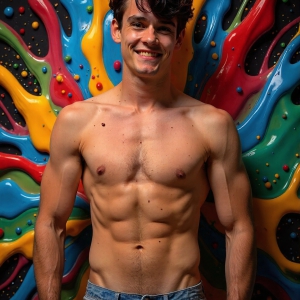Paint Splat Fun - AI Photos of Hot men having fun with body paint. AI-generated abstract art featuring beautiful, handsome, sexy, shirtless, men, boys, lads, full of excitement joy and fun, covered in body paint, dynamic, interactive, Combining elements of realism with surreal abstract qualities, showcasing the potential of AI, in artistic expression. Photos of guys, just smiling, happy, and having a good time. Most of them are smiling because a paint bomb just blow up next to them, so I'm calling is Abstract Art. When paint attacks and makes people happy, it's Art!