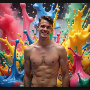 Paint Splat Fun - AI Photos of Hot men having fun with body paint. AI-generated abstract art featuring beautiful, handsome, sexy, shirtless, men, boys, lads, full of excitement joy and fun, covered in body paint, dynamic, interactive, Combining elements of realism with surreal abstract qualities, showcasing the potential of AI, in artistic expression. Photos of guys, just smiling, happy, and having a good time. Most of them are smiling because a paint bomb just blow up next to them, so I'm calling is Abstract Art. When paint attacks and makes people happy, it's Art!