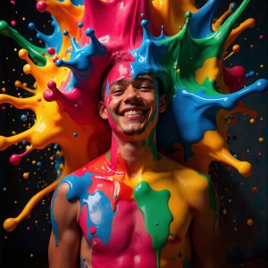 Paint Splat Fun - AI Photos of Hot men having fun with body paint. AI-generated abstract art featuring beautiful, handsome, sexy, shirtless, men, boys, lads, full of excitement joy and fun, covered in body paint, dynamic, interactive, Combining elements of realism with surreal abstract qualities, showcasing the potential of AI, in artistic expression. Photos of guys, just smiling, happy, and having a good time. Most of them are smiling because a paint bomb just blow up next to them, so I'm calling is Abstract Art. When paint attacks and makes people happy, it's Art! Paint Splat Fun - AI Photos of Hot men having fun with body paint.
