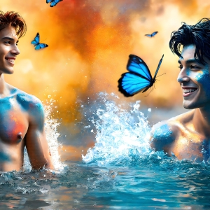 Best Friends, Handsome Guys spending quality time together. AI Art, from the Art by Innovations, Beautiful & Handsome Men Art Collection. High-resolution photographs of two handsome best friends, half submerged in water, taking a dip after plating with body paint. Butterfly’s flying about, with a beautiful evening sun, as they spend time together, smiling. Best Friends, Handsome Guys spending quality time together. AI Art, from the Art by Innovations, Beautiful & Handsome Men Art Collection. High-resolution photographs of two handsome best friends.