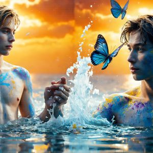The Beautiful & Handsome Men Art Collection, A high-resolution photograph of two handsome best friends, half submerged in water, covered in body paint. Butterfly's flying about, as they spend time together, with a smile on their faces.