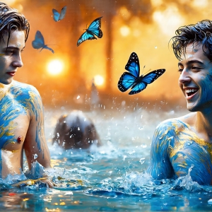 The Beautiful & Handsome Men Art Collection, A high-resolution photograph of two handsome best friends, half submerged in water, covered in body paint. Butterfly's flying about, as they spend time together, with a smile on their faces.