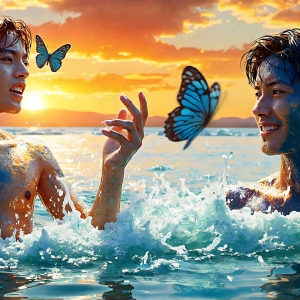 The Beautiful & Handsome Men Art Collection, A high-resolution photograph of two handsome best friends, half submerged in water, covered in body paint. Butterfly's flying about, as they spend time together, with a smile on their faces.