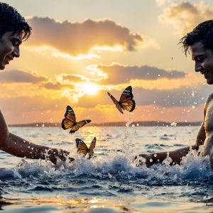 The Beautiful & Handsome Men Art Collection, A high-resolution photograph of two handsome best friends, half submerged in water, covered in body paint. Butterfly's flying about, as they spend time together, with a smile on their faces.