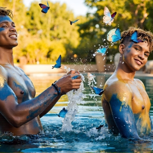 The Beautiful & Handsome Men Art Collection, A high-resolution photograph of two handsome best friends, half submerged in water, covered in body paint. Butterfly's flying about, as they spend time together, with a smile on their faces.