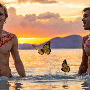 The Beautiful & Handsome Men Art Collection, A high-resolution photograph of two handsome best friends, half submerged in water, covered in body paint. Butterfly's flying about, as they spend time together, with a smile on their faces.