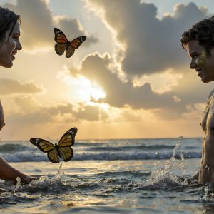 The Beautiful & Handsome Men Art Collection, A high-resolution photograph of two handsome best friends, half submerged in water, covered in body paint. Butterfly's flying about, as they spend time together, with a smile on their faces.