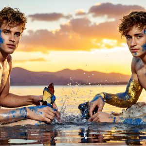 The Beautiful & Handsome Men Art Collection, A high-resolution photograph of two handsome best friends, half submerged in water, covered in body paint. Butterfly's flying about, as they spend time together, with a smile on their faces.