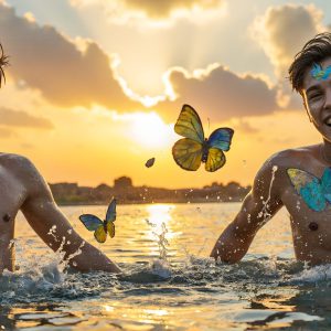 The Beautiful & Handsome Men Art Collection, A high-resolution photograph of two handsome best friends, half submerged in water, covered in body paint. Butterfly's flying about, as they spend time together, with a smile on their faces.