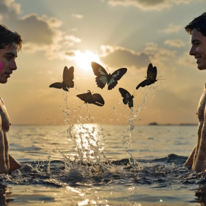 The Beautiful & Handsome Men Art Collection, A high-resolution photograph of two handsome best friends, half submerged in water, covered in body paint. Butterfly's flying about, as they spend time together, with a smile on their faces.