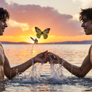 The Beautiful & Handsome Men Art Collection, A high-resolution photograph of two handsome best friends, half submerged in water, covered in body paint. Butterfly's flying about, as they spend time together, with a smile on their faces.