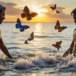The Beautiful & Handsome Men Art Collection, A high-resolution photograph of two handsome best friends, half submerged in water, covered in body paint. Butterfly's flying about, as they spend time together, with a smile on their faces.