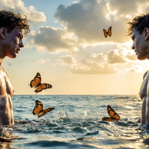 The Beautiful & Handsome Men Art Collection, A high-resolution photograph of two handsome best friends, half submerged in water, covered in body paint. Butterfly's flying about, as they spend time together, with a smile on their faces.