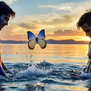 The Beautiful & Handsome Men Art Collection, A high-resolution photograph of two handsome best friends, half submerged in water, covered in body paint. Butterfly's flying about, as they spend time together, with a smile on their faces.
