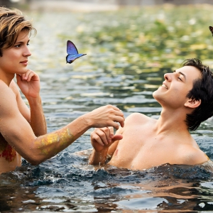 The Beautiful & Handsome Men Art Collection, A high-resolution photograph of two handsome best friends, half submerged in water, covered in body paint. Butterfly's flying about, as they spend time together, with a smile on their faces.