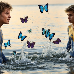 The Beautiful & Handsome Men Art Collection, A high-resolution photograph of two handsome best friends, half submerged in water, covered in body paint. Butterfly's flying about, as they spend time together, with a smile on their faces.