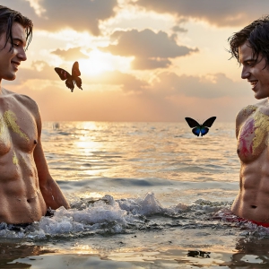 The Beautiful & Handsome Men Art Collection, A high-resolution photograph of two handsome best friends, half submerged in water, covered in body paint. Butterfly's flying about, as they spend time together, with a smile on their faces.
