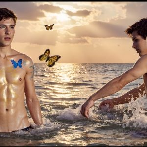 The Beautiful & Handsome Men Art Collection, A high-resolution photograph of two handsome best friends, half submerged in water, covered in body paint. Butterfly's flying about, as they spend time together, with a smile on their faces.