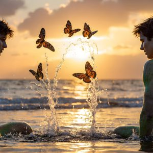 The Beautiful & Handsome Men Art Collection, A high-resolution photograph of two handsome best friends, half submerged in water, covered in body paint. Butterfly's flying about, as they spend time together, with a smile on their faces.