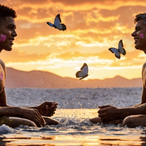 The Beautiful & Handsome Men Art Collection, A high-resolution photograph of two handsome best friends, half submerged in water, covered in body paint. Butterfly's flying about, as they spend time together, with a smile on their faces.