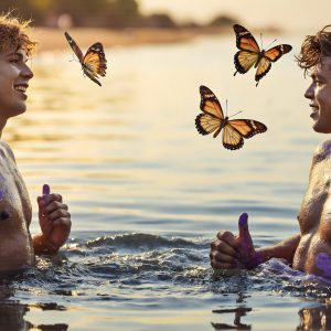 The Beautiful & Handsome Men Art Collection, A high-resolution photograph of two handsome best friends, half submerged in water, covered in body paint. Butterfly's flying about, as they spend time together, with a smile on their faces.
