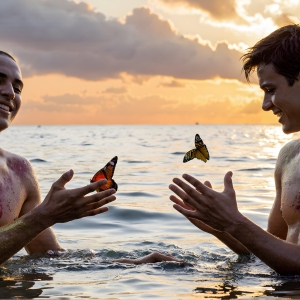 The Beautiful & Handsome Men Art Collection, A high-resolution photograph of two handsome best friends, half submerged in water, covered in body paint. Butterfly's flying about, as they spend time together, with a smile on their faces.