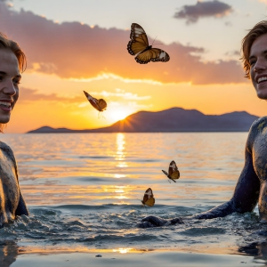 The Beautiful & Handsome Men Art Collection, A high-resolution photograph of two handsome best friends, half submerged in water, covered in body paint. Butterfly's flying about, as they spend time together, with a smile on their faces.
