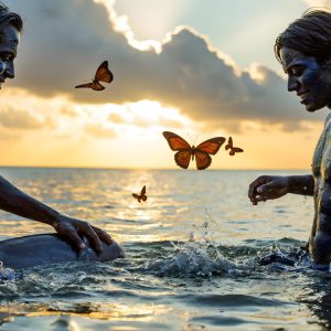 The Beautiful & Handsome Men Art Collection, A high-resolution photograph of two handsome best friends, half submerged in water, covered in body paint. Butterfly's flying about, as they spend time together, with a smile on their faces.