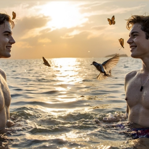 The Beautiful & Handsome Men Art Collection, A high-resolution photograph of two handsome best friends, half submerged in water, covered in body paint. Butterfly's flying about, as they spend time together, with a smile on their faces.