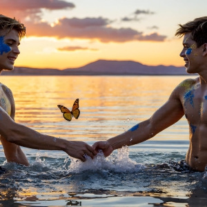 The Beautiful & Handsome Men Art Collection, A high-resolution photograph of two handsome best friends, half submerged in water, covered in body paint. Butterfly's flying about, as they spend time together, with a smile on their faces.