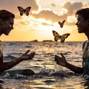 The Beautiful & Handsome Men Art Collection, A high-resolution photograph of two handsome best friends, half submerged in water, covered in body paint. Butterfly's flying about, as they spend time together, with a smile on their faces.