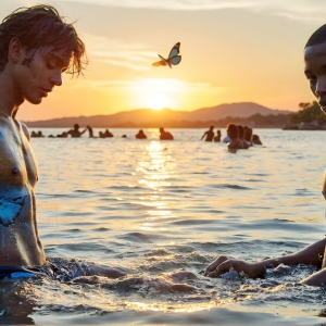 The Beautiful & Handsome Men Art Collection, A high-resolution photograph of two handsome best friends, half submerged in water, covered in body paint. Butterfly's flying about, as they spend time together, with a smile on their faces.