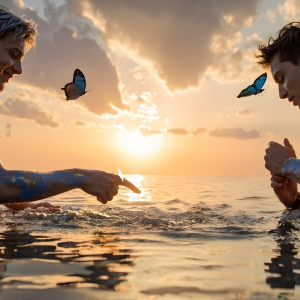The Beautiful & Handsome Men Art Collection, A high-resolution photograph of two handsome best friends, half submerged in water, covered in body paint. Butterfly's flying about, as they spend time together, with a smile on their faces.