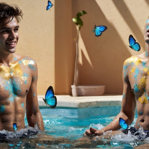 The Beautiful & Handsome Men Art Collection, A high-resolution photograph of two handsome best friends, half submerged in water, covered in body paint. Butterfly's flying about, as they spend time together, with a smile on their faces.