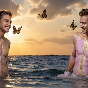 The Beautiful & Handsome Men Art Collection, A high-resolution photograph of two handsome best friends, half submerged in water, covered in body paint. Butterfly's flying about, as they spend time together, with a smile on their faces.
