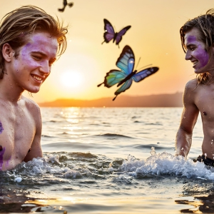 The Beautiful & Handsome Men Art Collection, A high-resolution photograph of two handsome best friends, half submerged in water, covered in body paint. Butterfly's flying about, as they spend time together, with a smile on their faces.