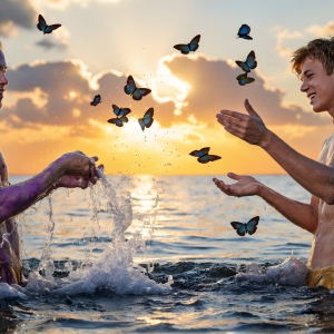 The Beautiful & Handsome Men Art Collection, A high-resolution photograph of two handsome best friends, half submerged in water, covered in body paint. Butterfly's flying about, as they spend time together, with a smile on their faces.