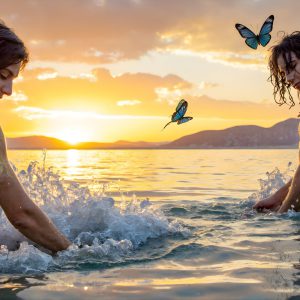 The Beautiful & Handsome Men Art Collection, A high-resolution photograph of two handsome best friends, half submerged in water, covered in body paint. Butterfly's flying about, as they spend time together, with a smile on their faces.