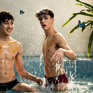 The Beautiful & Handsome Men Art Collection, A high-resolution photograph of two handsome best friends, half submerged in water, covered in body paint. Butterfly's flying about, as they spend time together, with a smile on their faces.