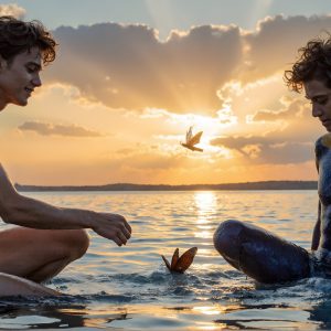The Beautiful & Handsome Men Art Collection, A high-resolution photograph of two handsome best friends, half submerged in water, covered in body paint. Butterfly's flying about, as they spend time together, with a smile on their faces.